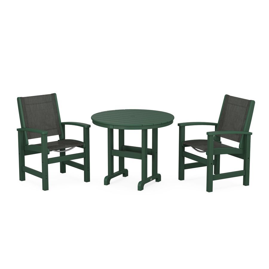 POLYWOOD Coastal 3-Piece Round Dining Set in Green / Ember Sling
