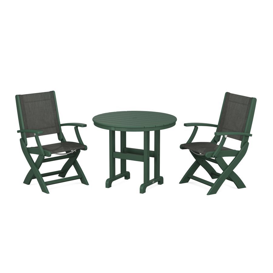 POLYWOOD Coastal Folding Chair 3-Piece Round Dining Set in Green / Ember Sling