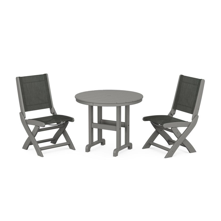 POLYWOOD Coastal Folding Side Chair 3-Piece Round Dining Set in Slate Grey / Ember Sling