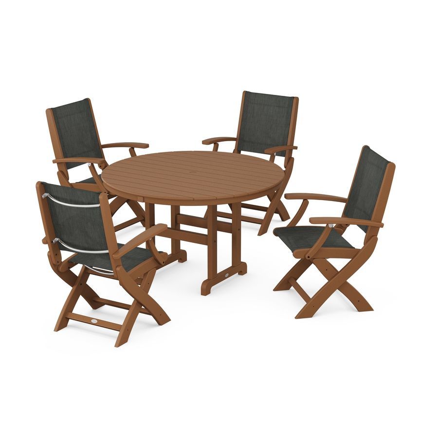 POLYWOOD Coastal Folding Chair 5-Piece Round Dining Set in Teak / Ember Sling