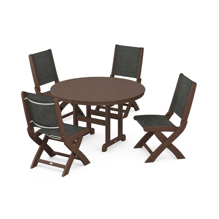 POLYWOOD Coastal Folding Side Chair 5-Piece Round Dining Set in Mahogany / Ember Sling