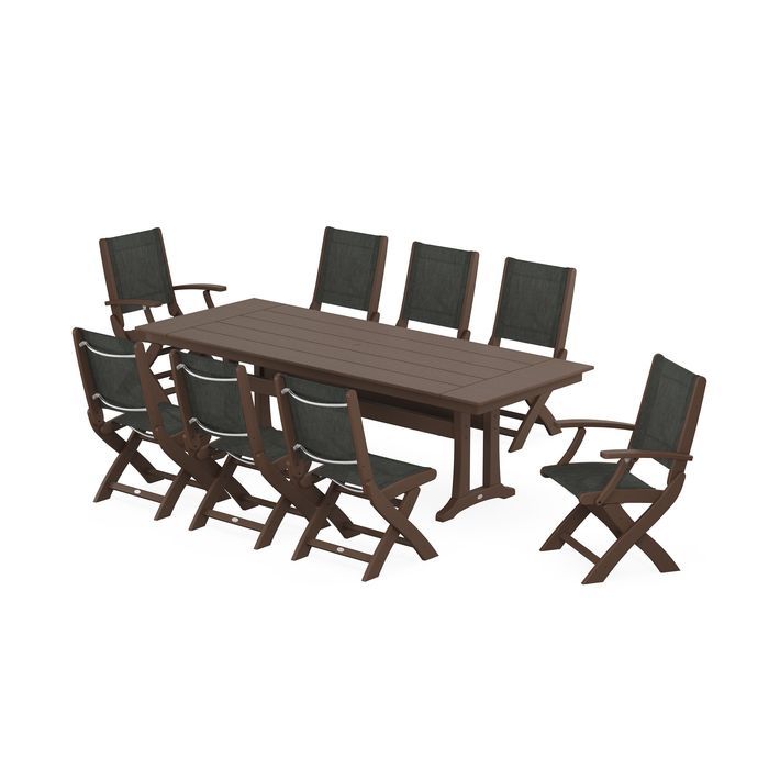 POLYWOOD Coastal 9-Piece Folding Dining Chair Farmhouse Dining Set with Trestle Legs