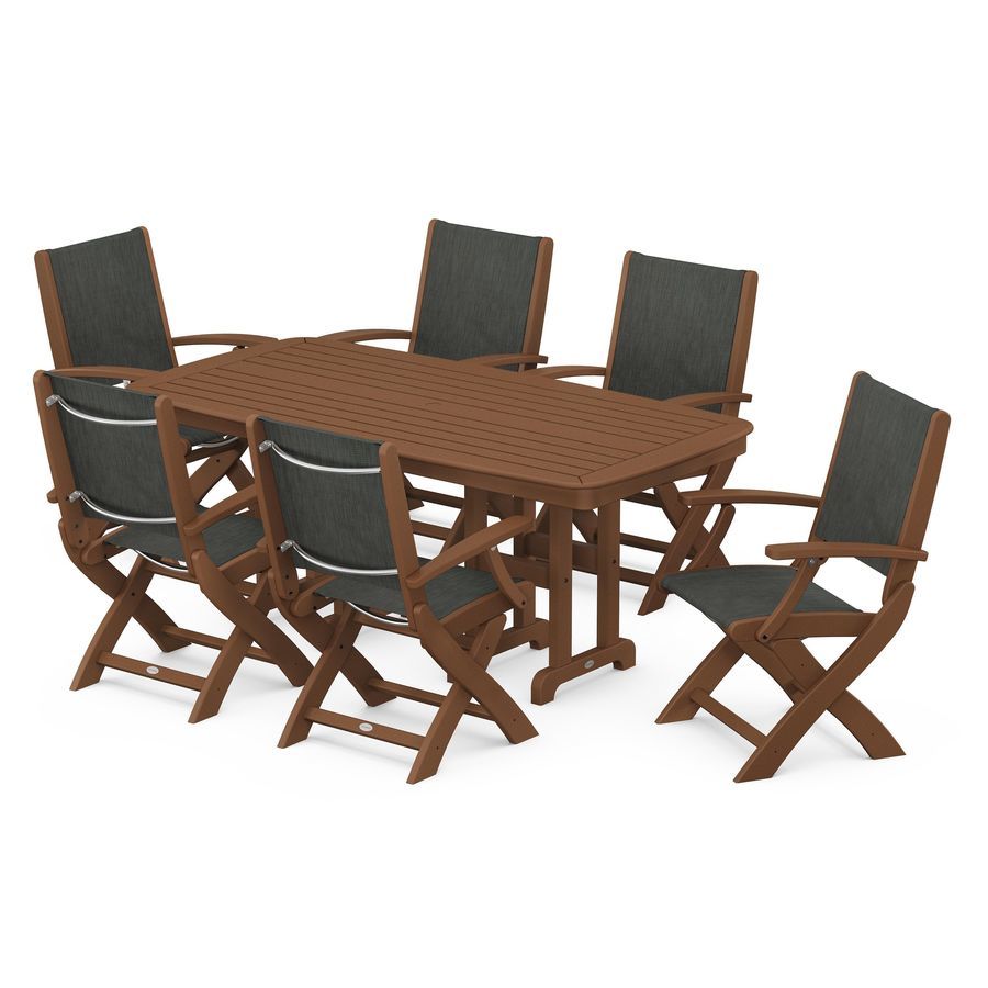 POLYWOOD Coastal Folding Chair 7-Piece Dining Set in Teak / Ember Sling