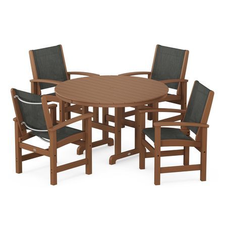 POLYWOOD Coastal 5-Piece Round Farmhouse Dining Set in Teak / Ember Sling