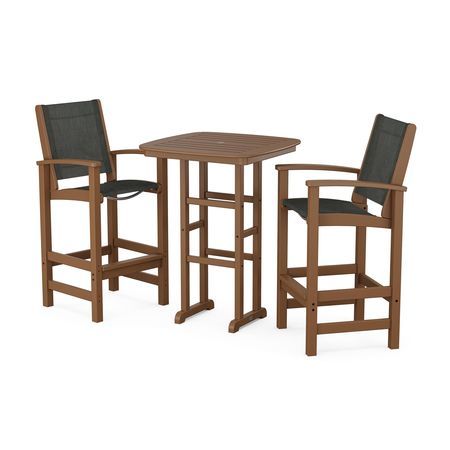 POLYWOOD Coastal 3-Piece Bar Set in Teak / Ember Sling