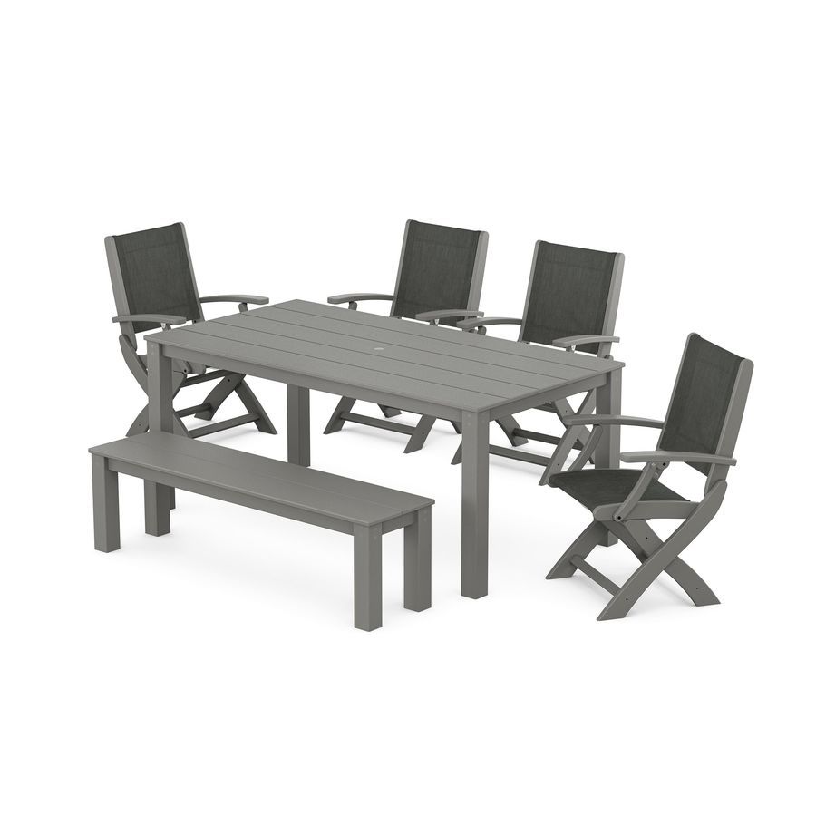 POLYWOOD Coastal Folding Chair 6- Piece Parsons Dining Set with Bench in Slate Grey / Ember Sling