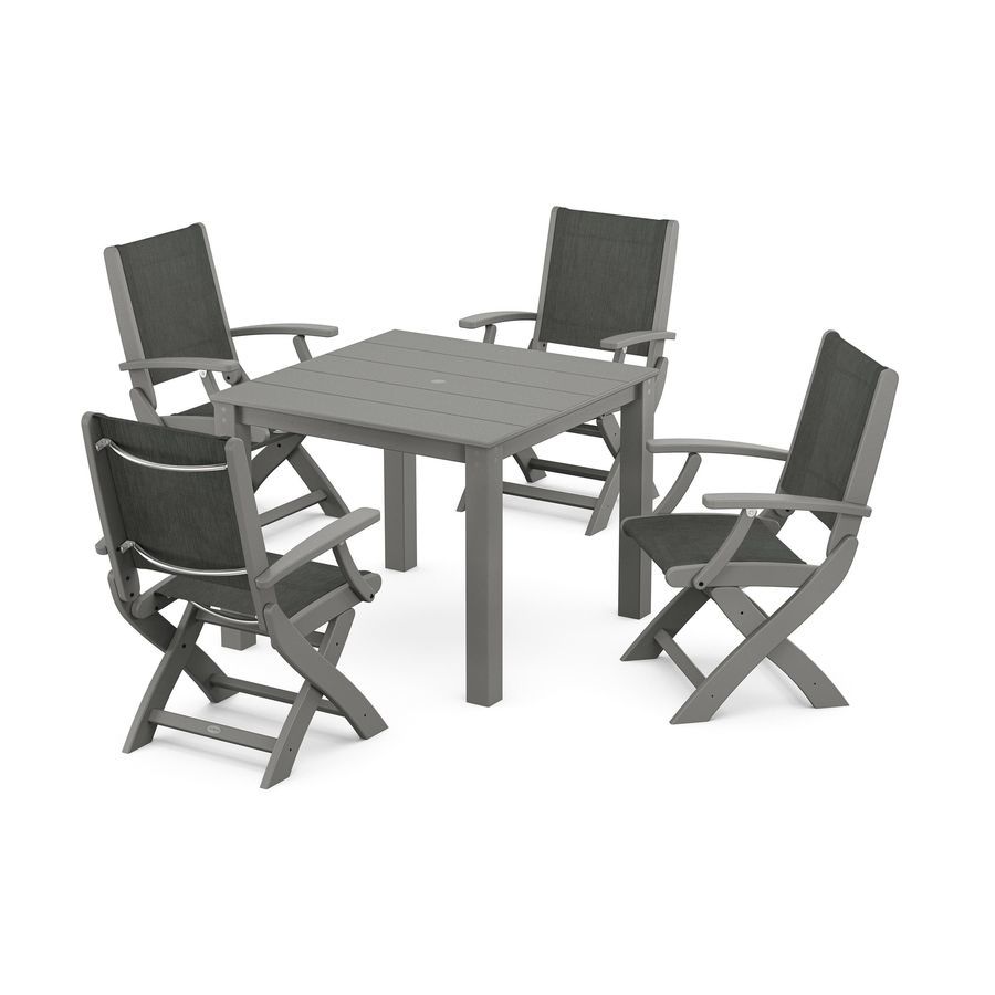 POLYWOOD Coastal Folding Chair 5-Piece Parsons Dining Set in Slate Grey / Ember Sling