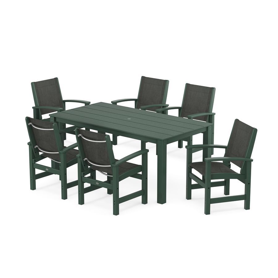 POLYWOOD Coastal 7-Piece Parsons Dining Set in Green / Ember Sling