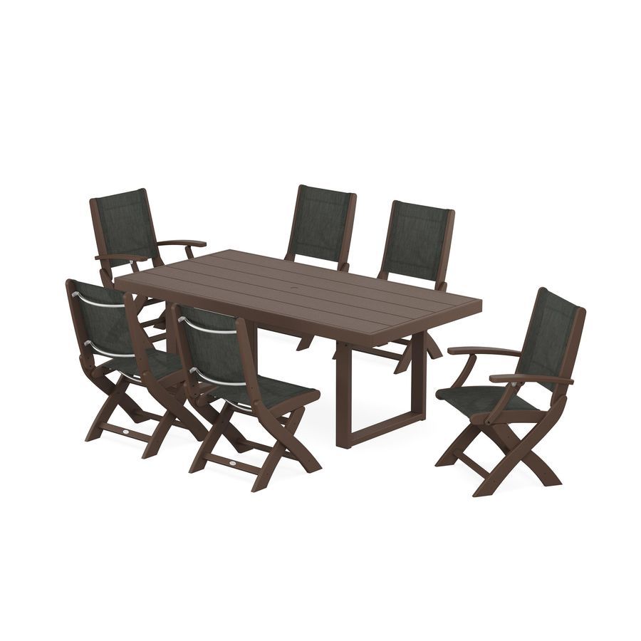 POLYWOOD Coastal Folding Chair 7-Piece Dining Set with Trestle Legs in Mahogany / Ember Sling