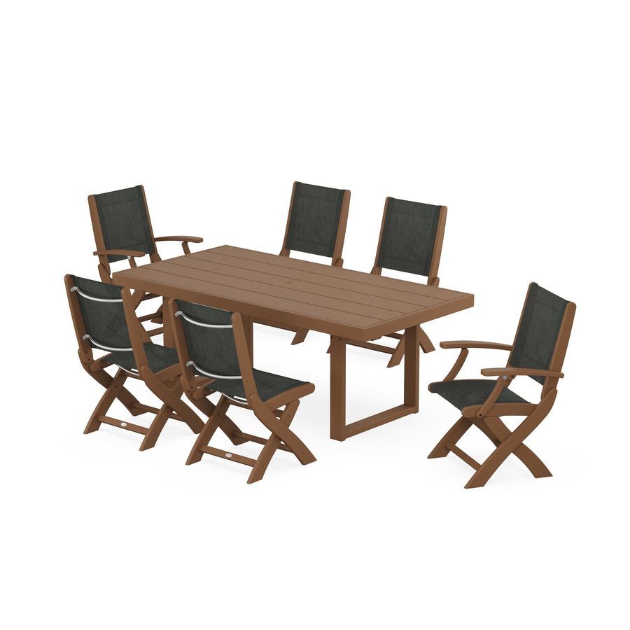 POLYWOOD Coastal Folding Chair 7-Piece Dining Set with Trestle Legs in Teak / Ember Sling