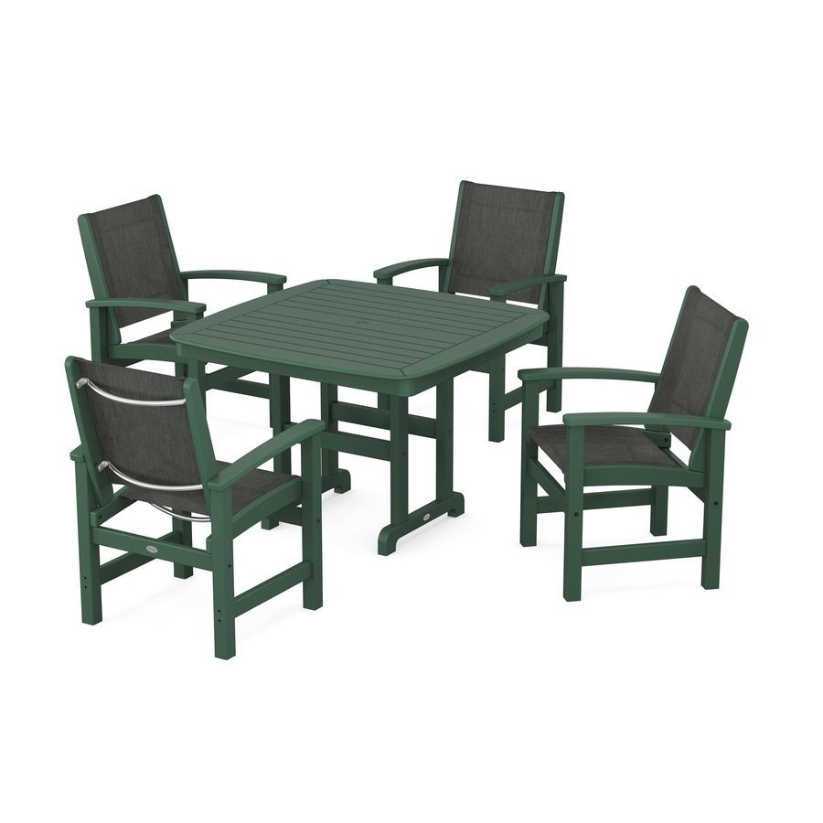 POLYWOOD Coastal 5-Piece Dining Set with Trestle Legs in Green / Ember Sling