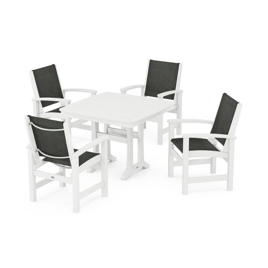 POLYWOOD Coastal 5-Piece Dining Set with Trestle Legs in White / Ember Sling