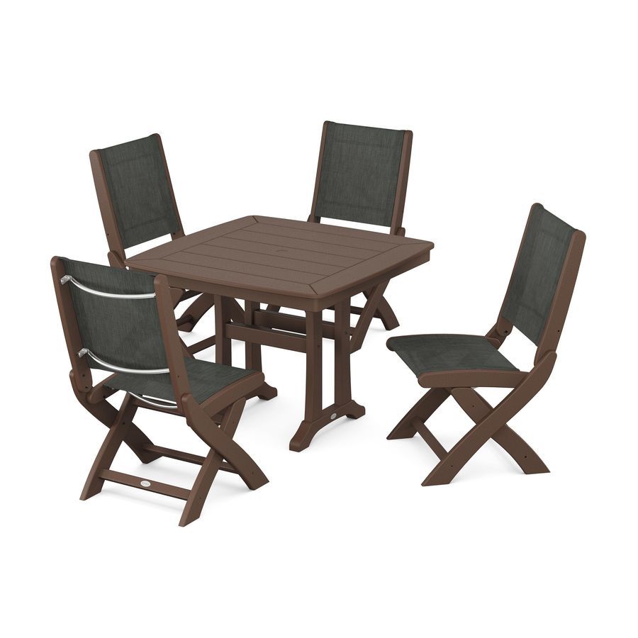 POLYWOOD Coastal Side Chair 5-Piece Dining Set with Trestle Legs in Mahogany / Ember Sling